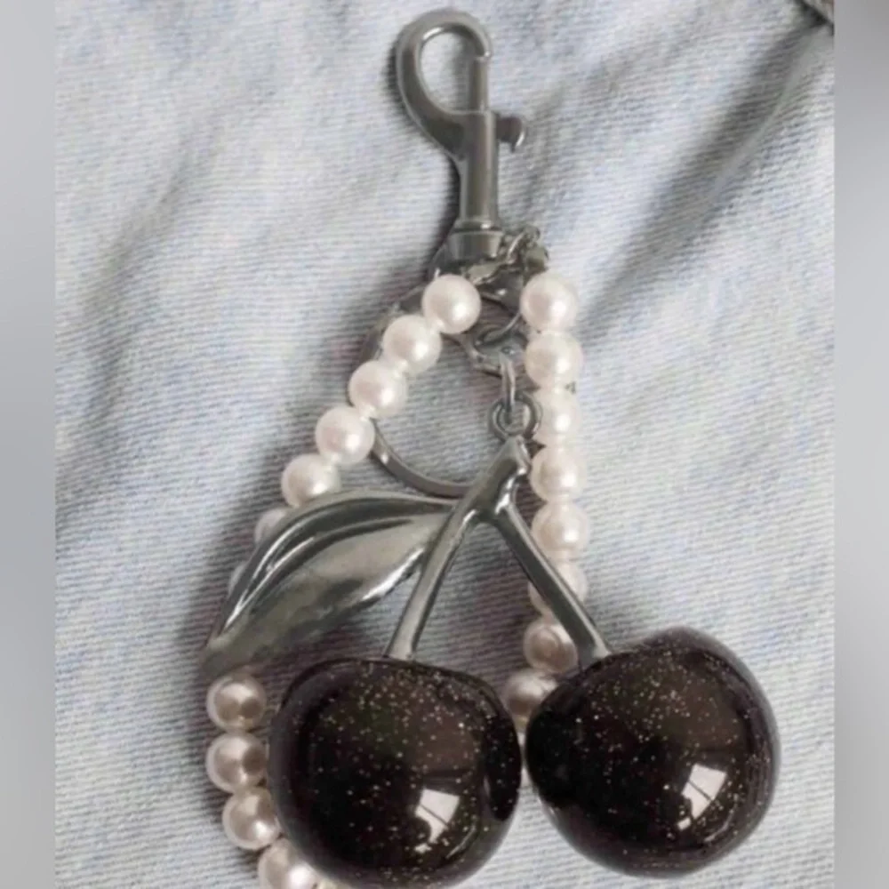 ✨NEW✨ Black Glitter Sparkling Cherry Keychain with Pearls Purse Bag charm